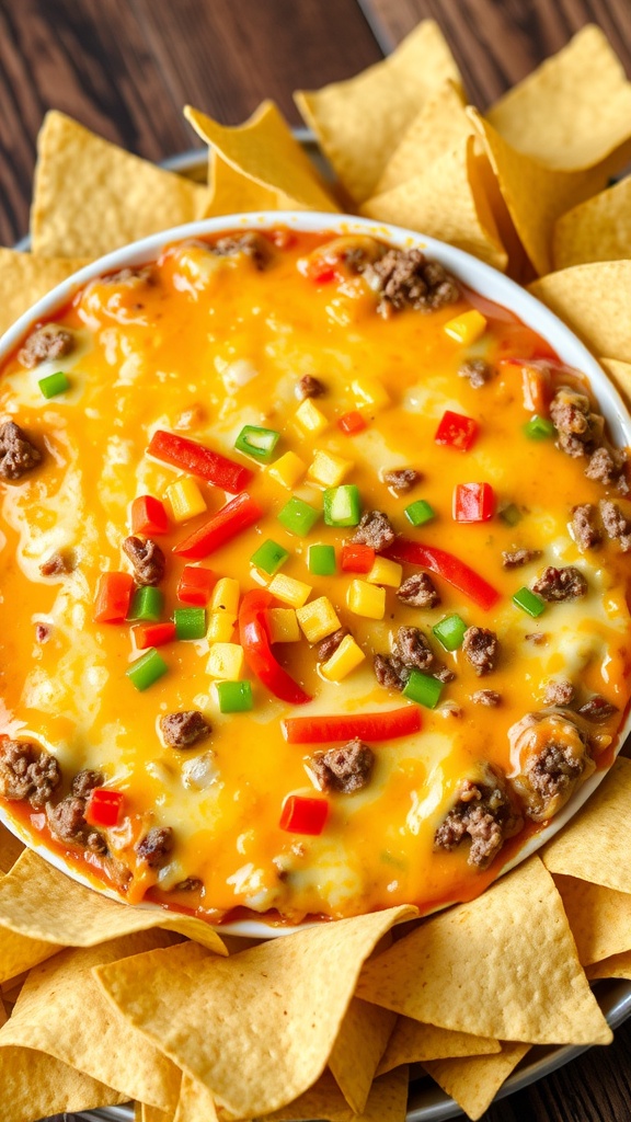 Cheesy hamburger dip with ground beef and melted cheese, served with tortilla chips on a wooden table.
